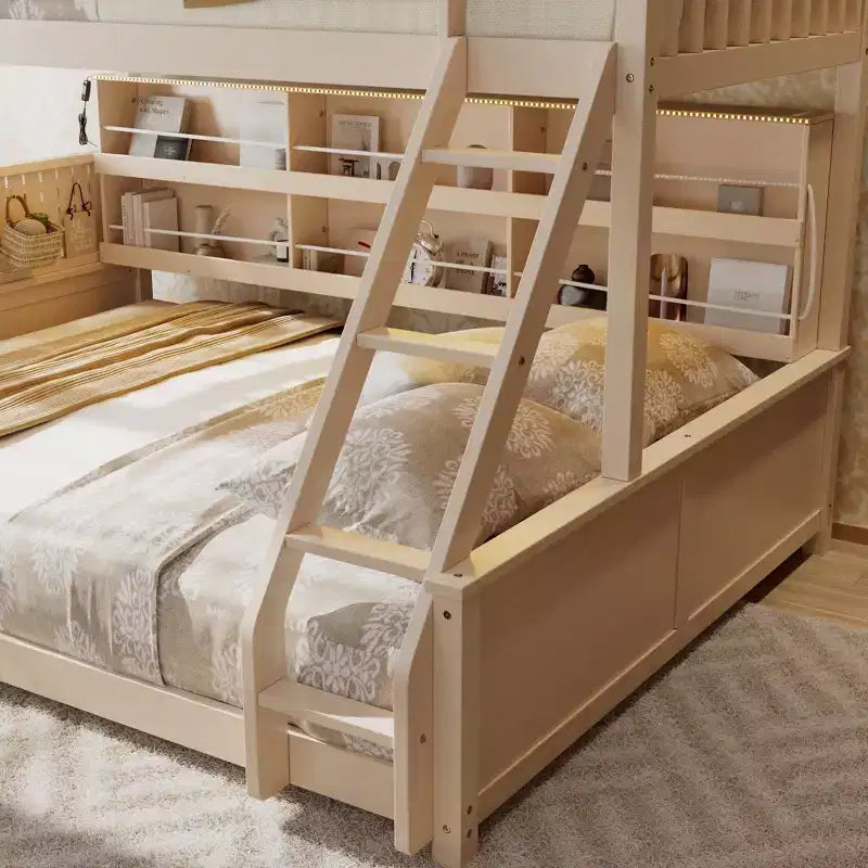 Twin XL over Queen Bunk Bed Storage Bed, Convertible to 2 Bed, with Integrated Shelving, Color-Changing Lights & Pegboard - ModernLuxe