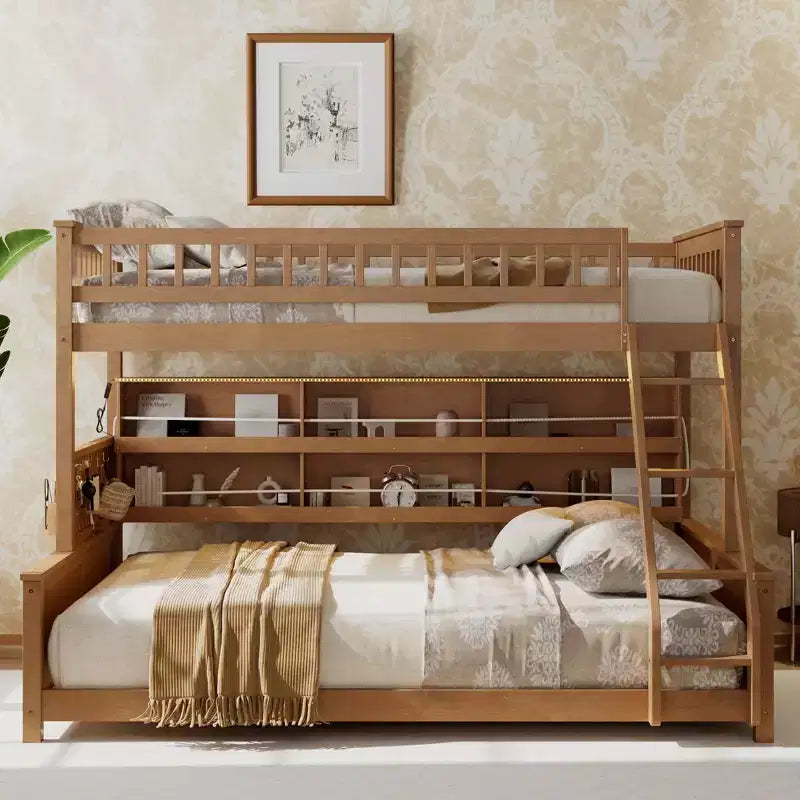Twin XL over Queen Bunk Bed Storage Bed, Convertible to 2 Bed, with Integrated Shelving, Color-Changing Lights & Pegboard - ModernLuxe