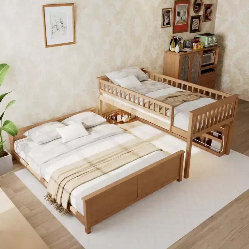 Twin XL over Queen Bunk Bed Storage Bed, Convertible to 2 Bed, with Integrated Shelving, Color-Changing Lights & Pegboard - ModernLuxe