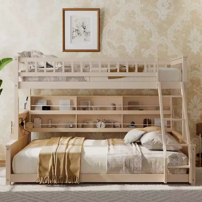 Twin XL over Queen Bunk Bed Storage Bed, Convertible to 2 Bed, with Integrated Shelving, Color-Changing Lights & Pegboard - ModernLuxe
