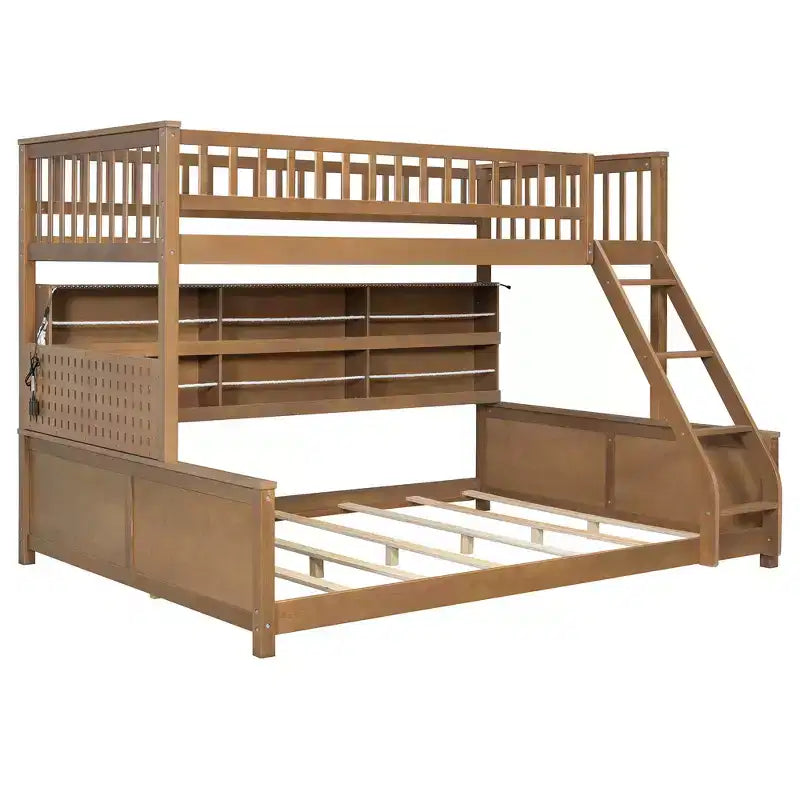 Twin XL over Queen Bunk Bed Storage Bed, Convertible to 2 Bed, with Integrated Shelving, Color-Changing Lights & Pegboard - ModernLuxe