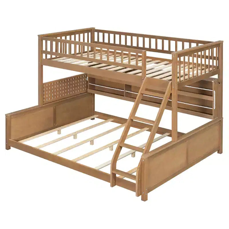 Twin XL over Queen Bunk Bed Storage Bed, Convertible to 2 Bed, with Integrated Shelving, Color-Changing Lights & Pegboard - ModernLuxe