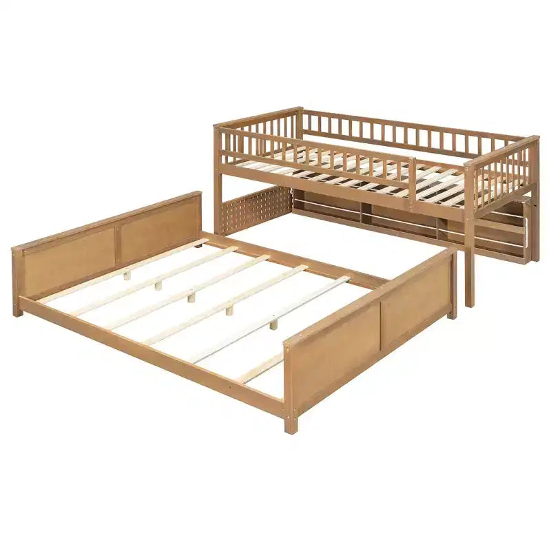 Twin XL over Queen Bunk Bed Storage Bed, Convertible to 2 Bed, with Integrated Shelving, Color-Changing Lights & Pegboard - ModernLuxe