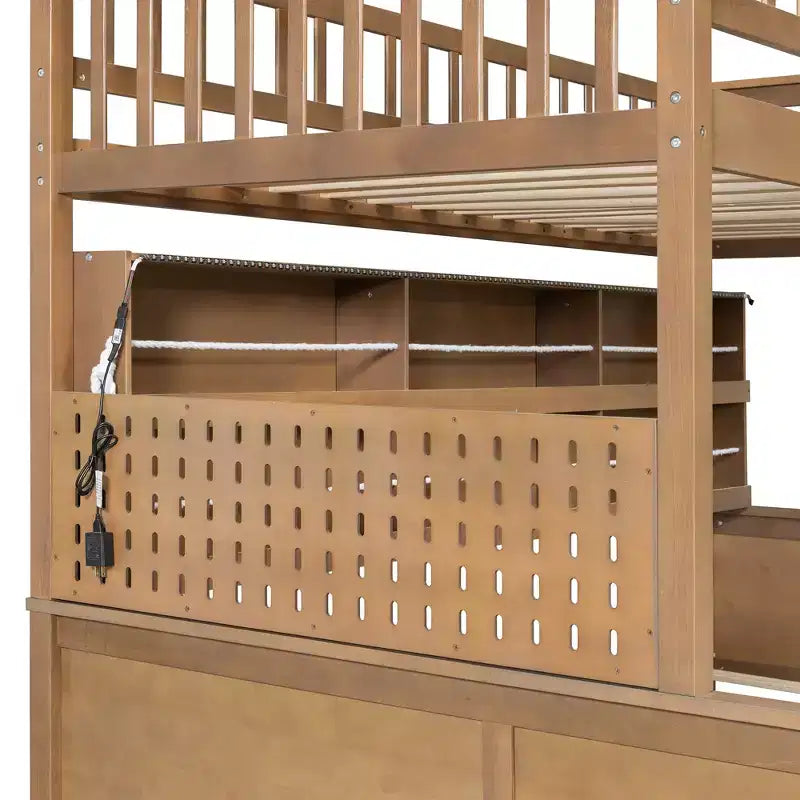 Twin XL over Queen Bunk Bed Storage Bed, Convertible to 2 Bed, with Integrated Shelving, Color-Changing Lights & Pegboard - ModernLuxe