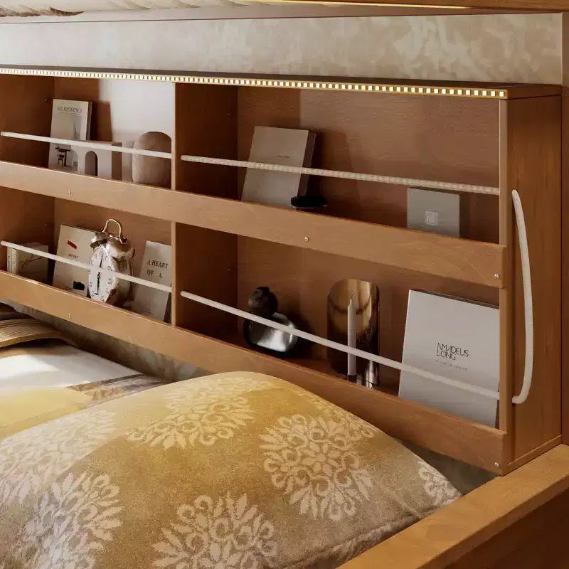 Twin XL over Queen Bunk Bed Storage Bed, Convertible to 2 Bed, with Integrated Shelving, Color-Changing Lights & Pegboard - ModernLuxe