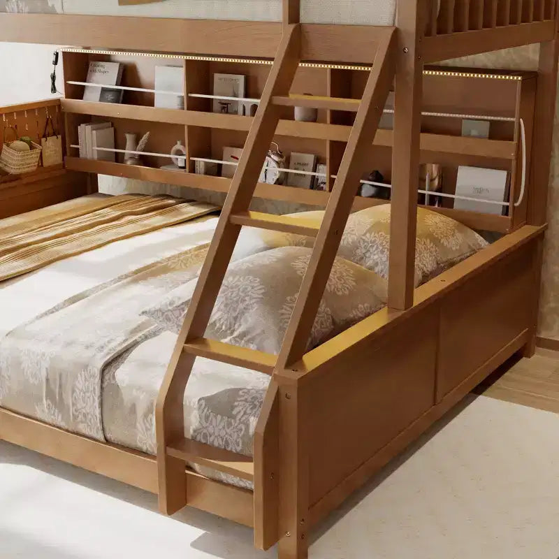 Twin XL over Queen Bunk Bed Storage Bed, Convertible to 2 Bed, with Integrated Shelving, Color-Changing Lights & Pegboard - ModernLuxe