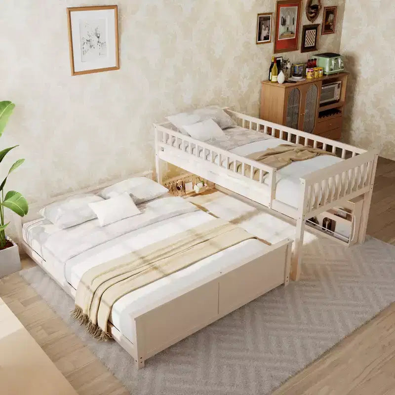 Twin XL over Queen Bunk Bed Storage Bed, Convertible to 2 Bed, with Integrated Shelving, Color-Changing Lights & Pegboard - ModernLuxe