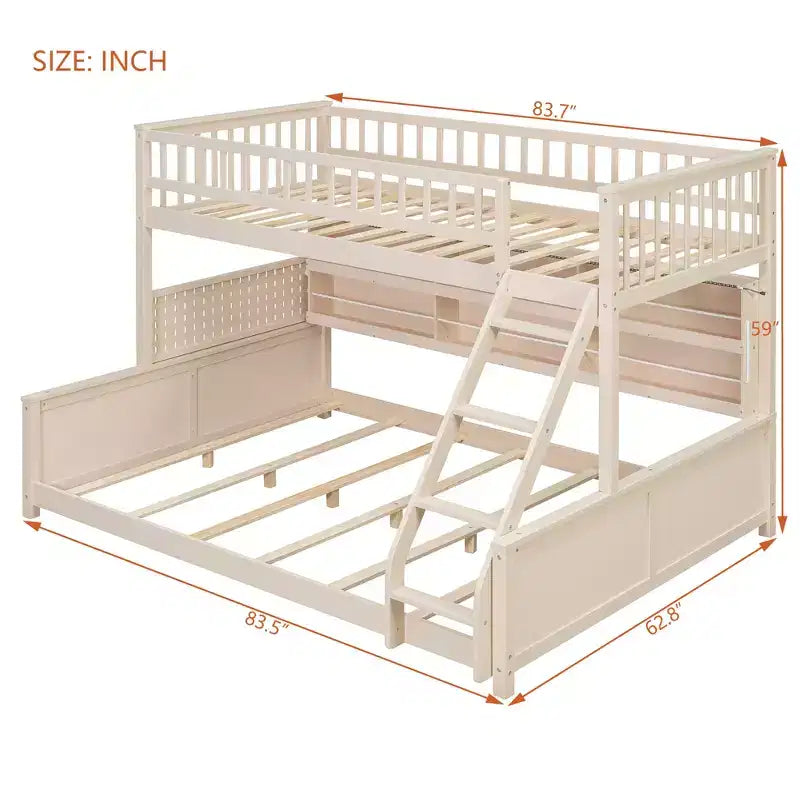 Twin XL over Queen Bunk Bed Storage Bed, Convertible to 2 Bed, with Integrated Shelving, Color-Changing Lights & Pegboard - ModernLuxe