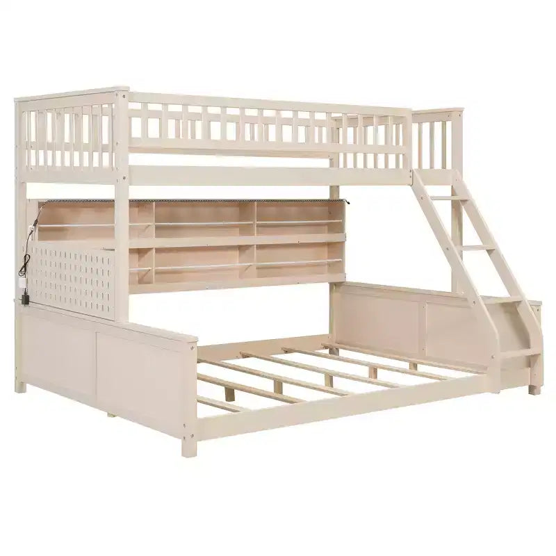 Twin XL over Queen Bunk Bed Storage Bed, Convertible to 2 Bed, with Integrated Shelving, Color-Changing Lights & Pegboard - ModernLuxe