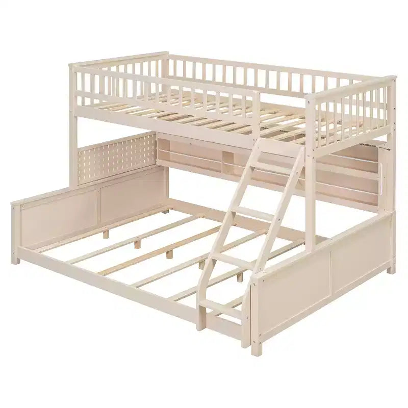 Twin XL over Queen Bunk Bed Storage Bed, Convertible to 2 Bed, with Integrated Shelving, Color-Changing Lights & Pegboard - ModernLuxe