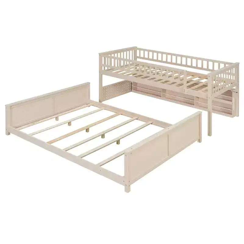 Twin XL over Queen Bunk Bed Storage Bed, Convertible to 2 Bed, with Integrated Shelving, Color-Changing Lights & Pegboard - ModernLuxe