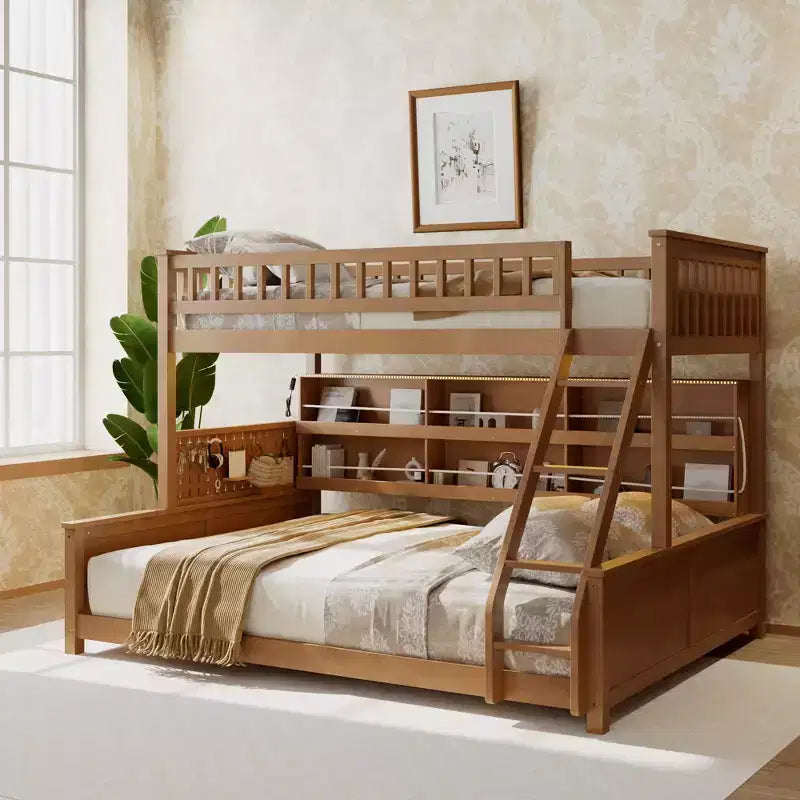 Twin XL over Queen Bunk Bed Storage Bed, Convertible to 2 Bed, with Integrated Shelving, Color-Changing Lights & Pegboard - ModernLuxe