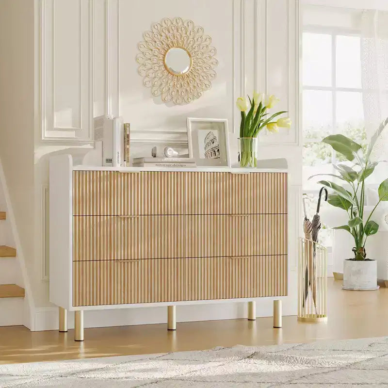 47.2 Fluted Double Dresser, with Metal Handles & Curved Design for Bedroom Storage, White