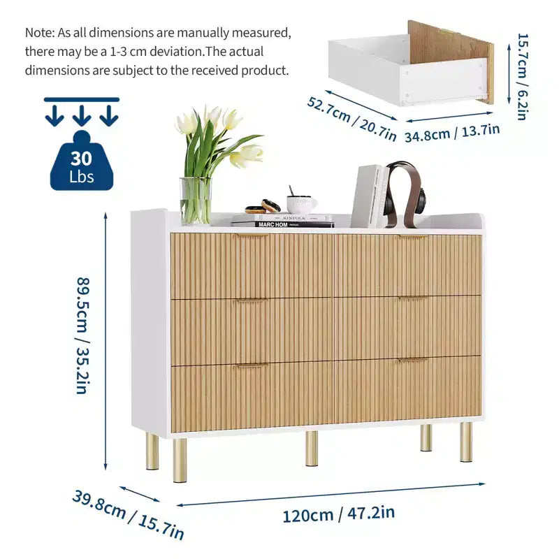 47.2 Fluted Double Dresser, with Metal Handles & Curved Design for Bedroom Storage, White