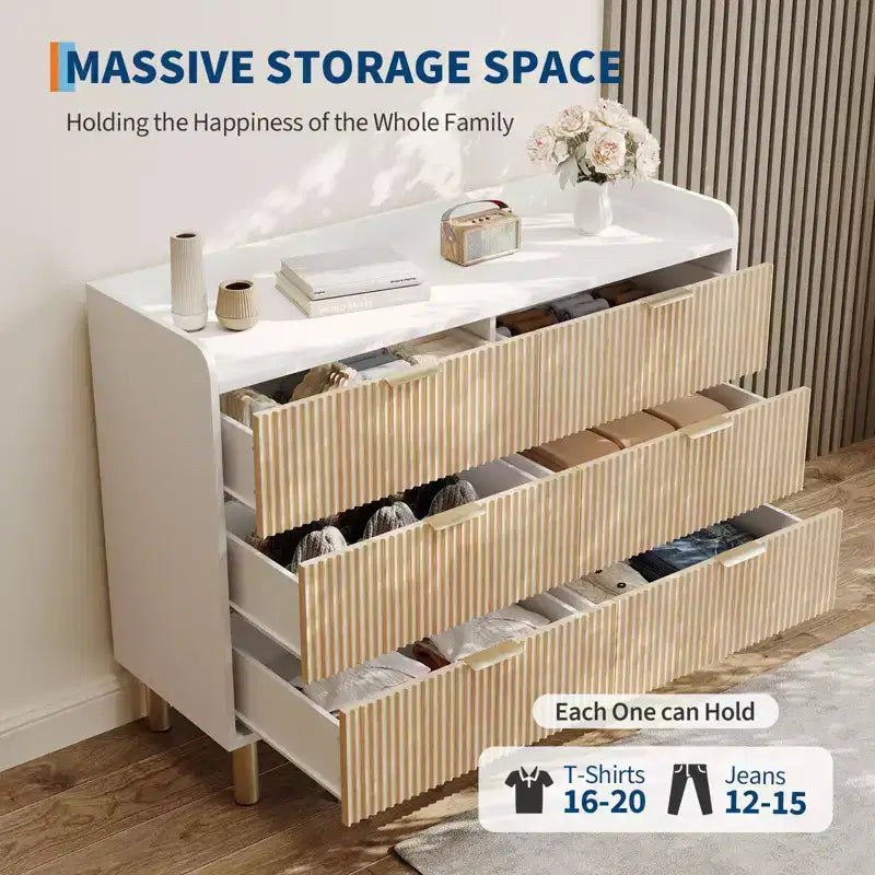 47.2 Fluted Double Dresser, with Metal Handles & Curved Design for Bedroom Storage, White