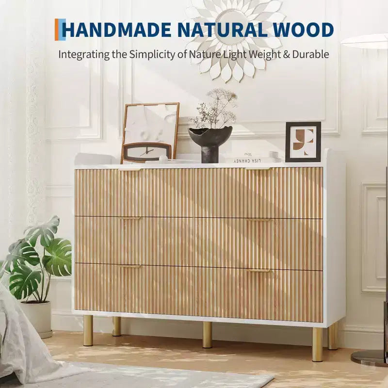47.2 Fluted Double Dresser, with Metal Handles & Curved Design for Bedroom Storage, White