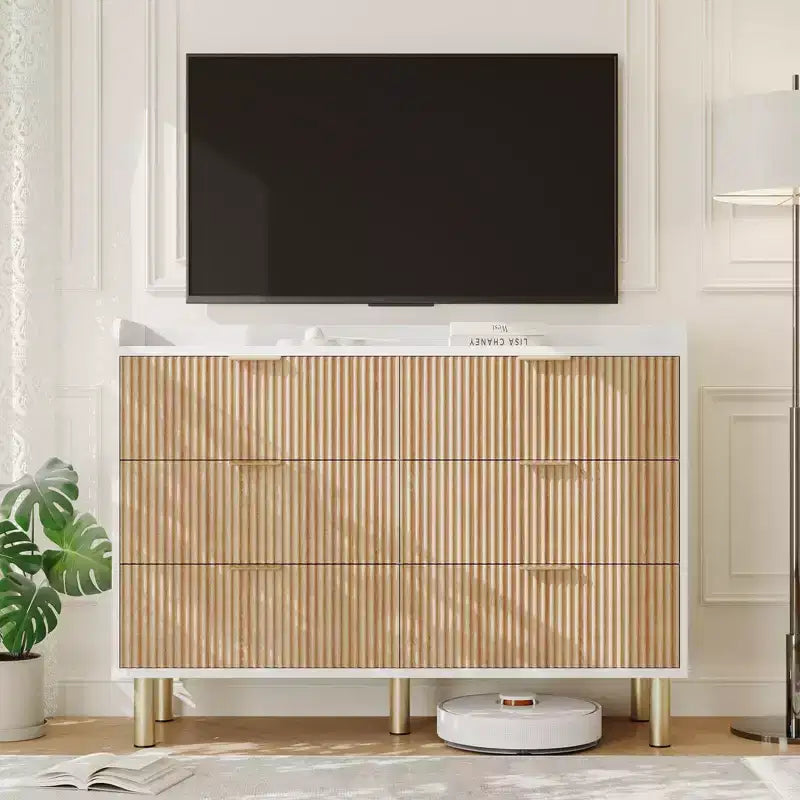 47.2 Fluted Double Dresser, with Metal Handles & Curved Design for Bedroom Storage, White