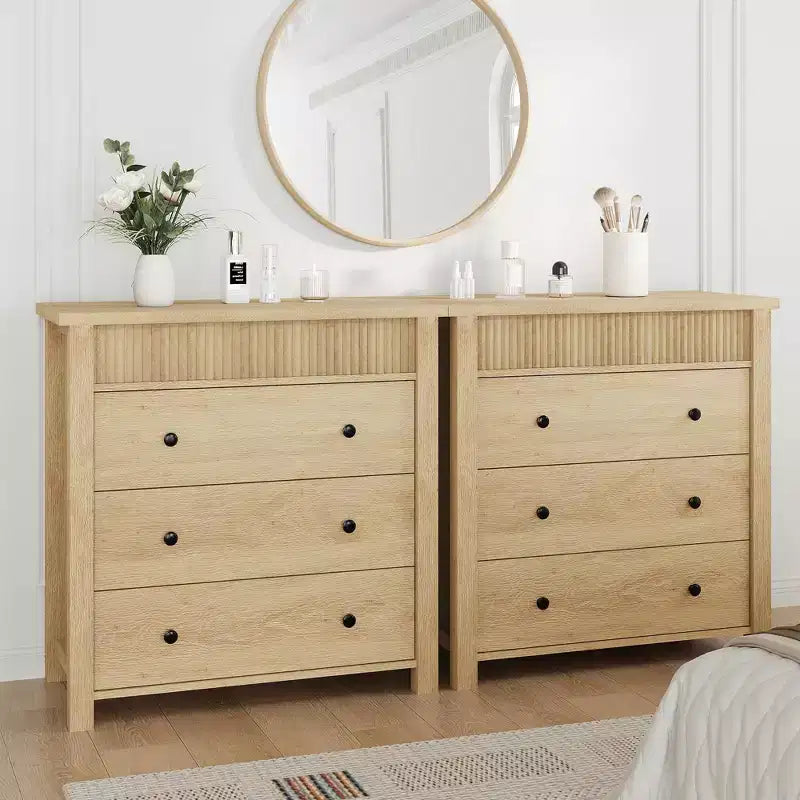 3-Drawer Dresser Nightstand, Wooden Fluted End Table for Bedroom, Natural Wood