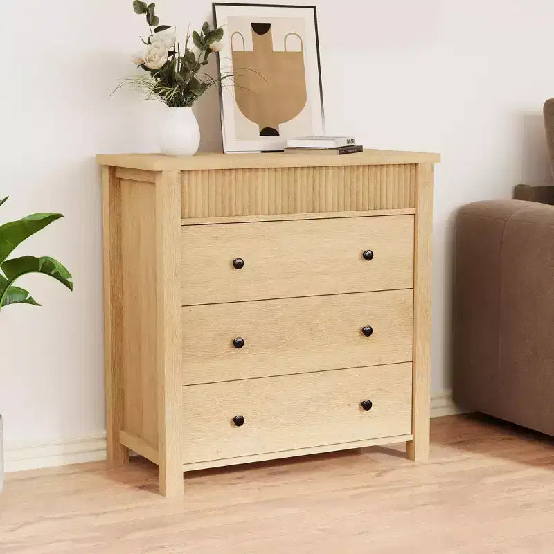 3-Drawer Dresser Nightstand, Wooden Fluted End Table for Bedroom, Natural Wood