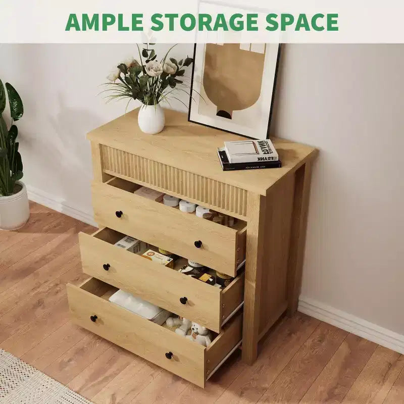 3-Drawer Dresser Nightstand, Wooden Fluted End Table for Bedroom, Natural Wood