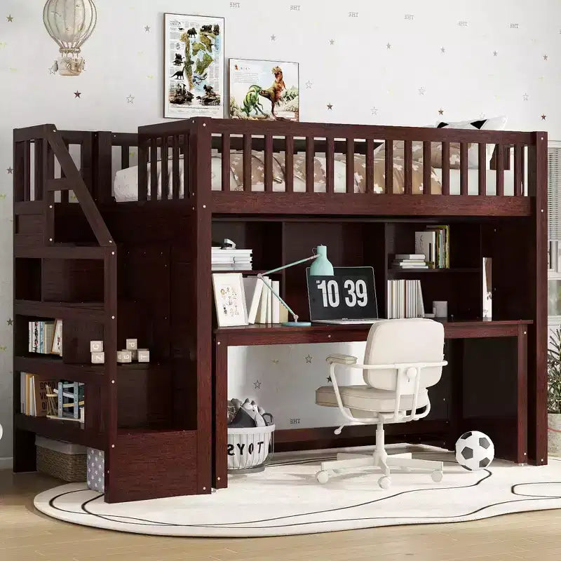 Twin Size loft bed with movable desk and storage shelf featuring storage stairs Espresso