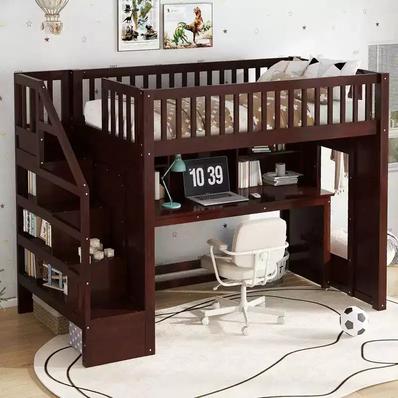 Twin Size loft bed with movable desk and storage shelf featuring storage stairs Espresso