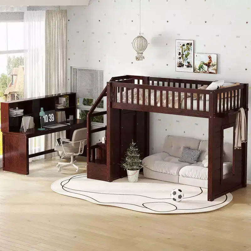 Twin Size loft bed with movable desk and storage shelf featuring storage stairs Espresso