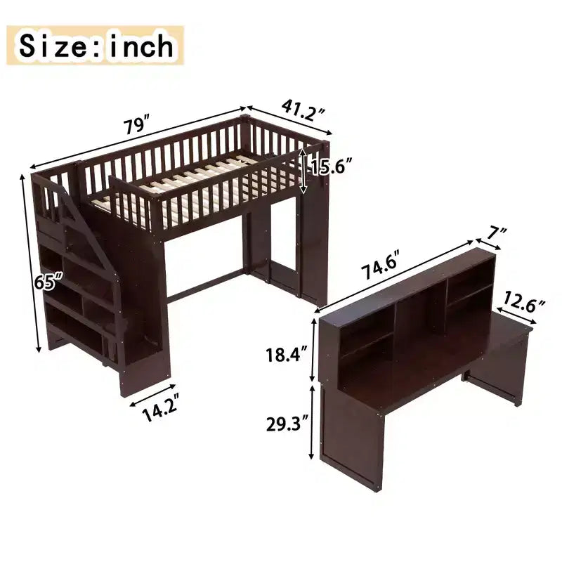 Twin Size loft bed with movable desk and storage shelf featuring storage stairs Espresso
