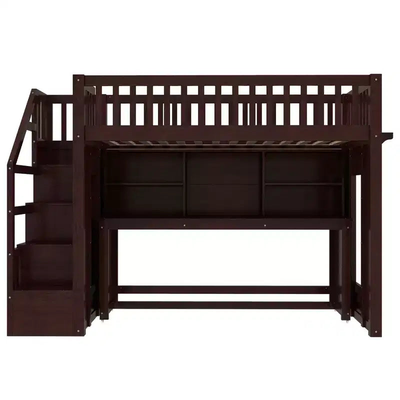 Twin Size loft bed with movable desk and storage shelf featuring storage stairs Espresso