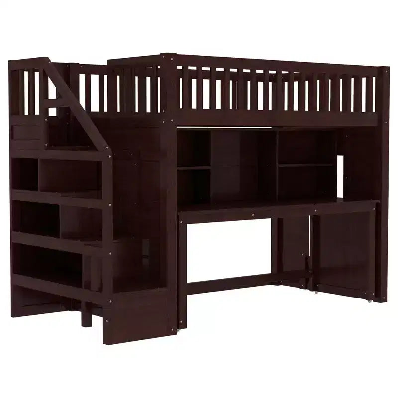 Twin Size loft bed with movable desk and storage shelf featuring storage stairs Espresso
