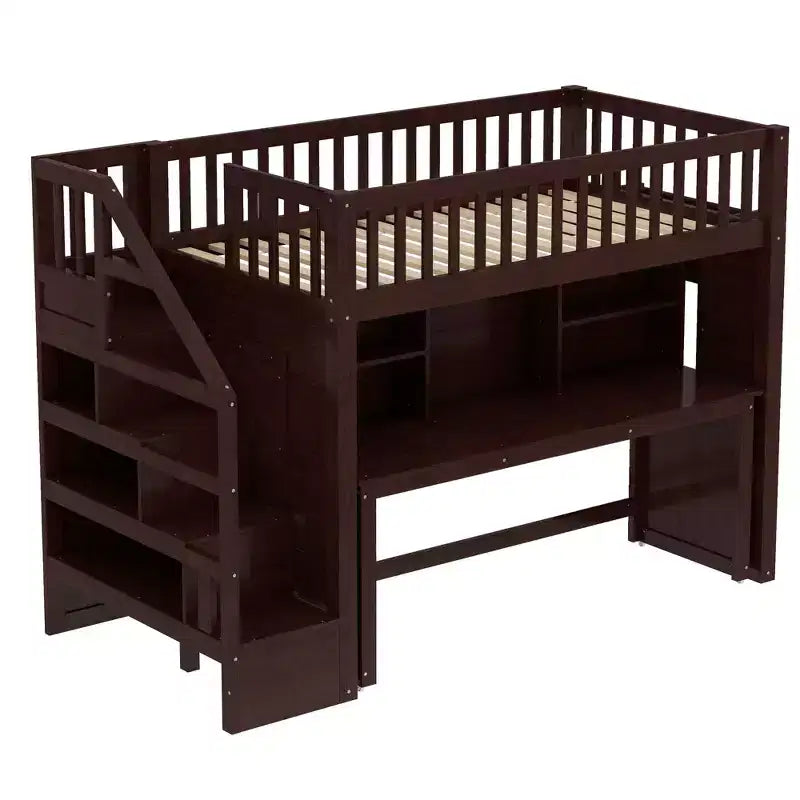 Twin Size loft bed with movable desk and storage shelf featuring storage stairs Espresso
