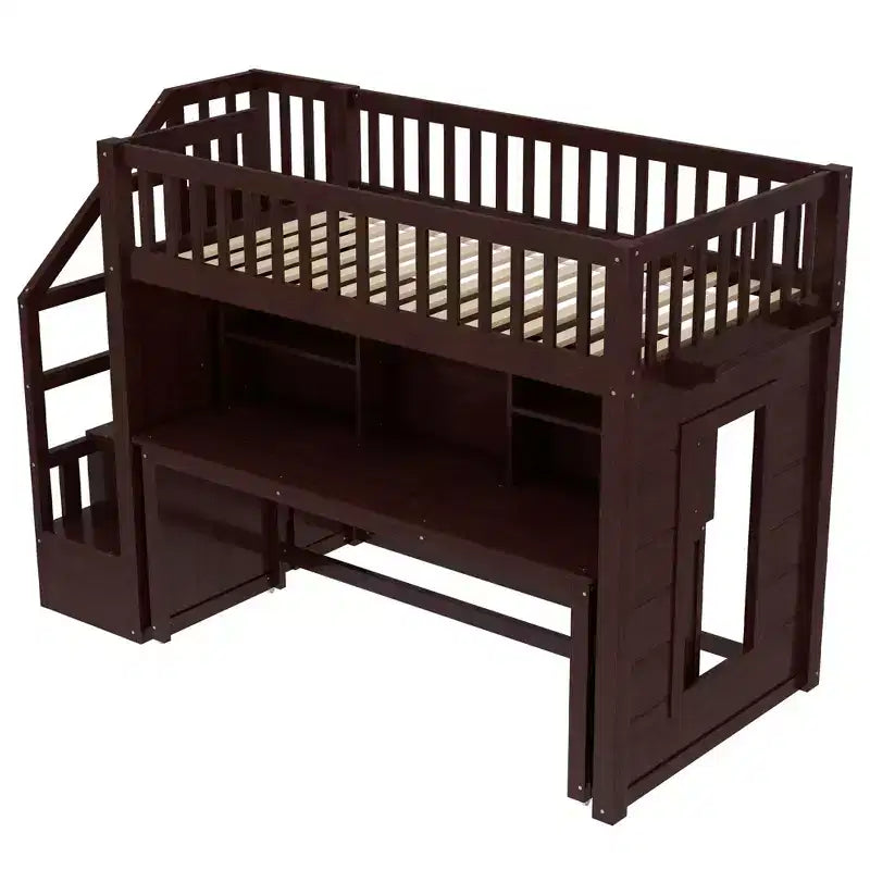 Twin Size loft bed with movable desk and storage shelf featuring storage stairs Espresso