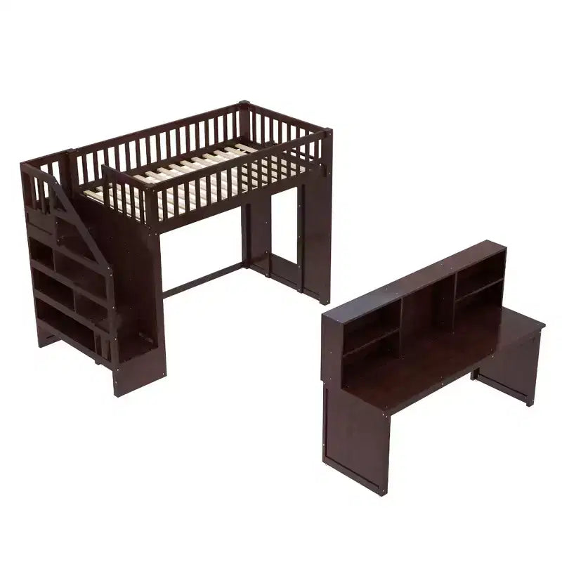 Twin Size loft bed with movable desk and storage shelf featuring storage stairs Espresso