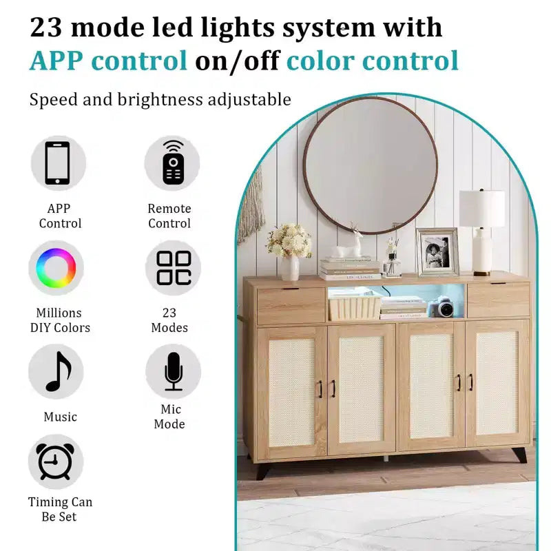 Sideboard Cabinet, Accent Storage Cabinet with 2 Drawers & Doors, Built-in Light & Power Outlet for Kitchen Dining Living Room