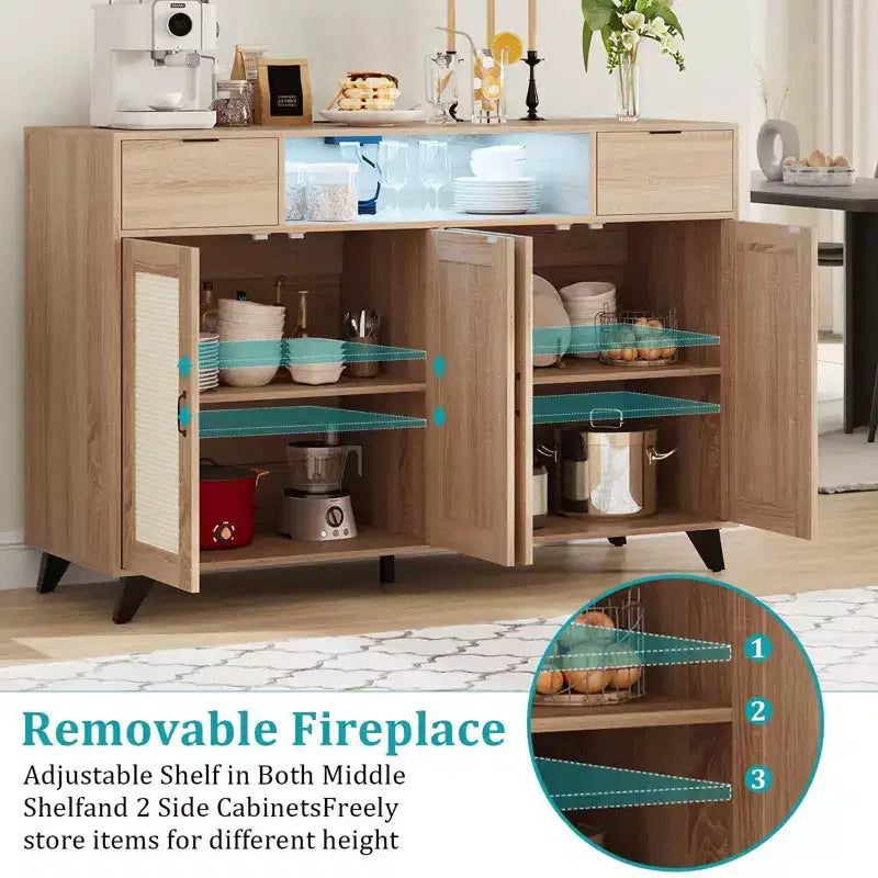 Sideboard Cabinet, Accent Storage Cabinet with 2 Drawers & Doors, Built-in Light & Power Outlet for Kitchen Dining Living Room