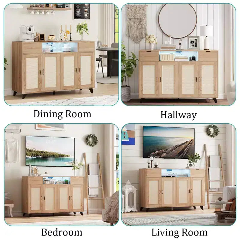 Sideboard Cabinet, Accent Storage Cabinet with 2 Drawers & Doors, Built-in Light & Power Outlet for Kitchen Dining Living Room