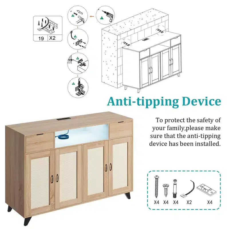 Sideboard Cabinet, Accent Storage Cabinet with 2 Drawers & Doors, Built-in Light & Power Outlet for Kitchen Dining Living Room