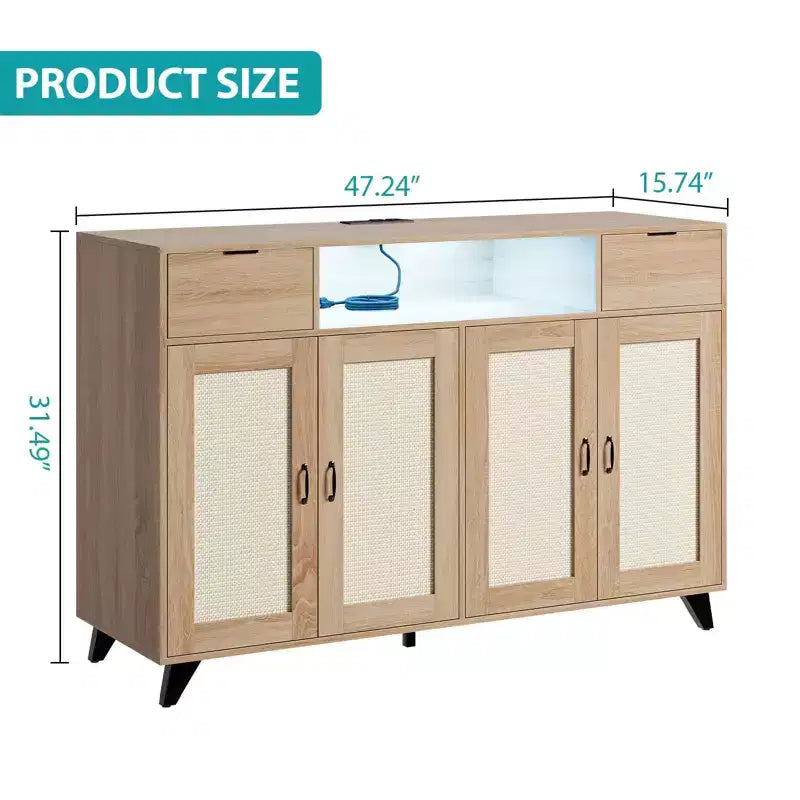 Sideboard Cabinet, Accent Storage Cabinet with 2 Drawers & Doors, Built-in Light & Power Outlet for Kitchen Dining Living Room