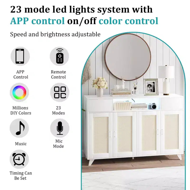 Sideboard Cabinet, Accent Storage Cabinet with 2 Drawers & Doors, Built-in Light & Power Outlet for Kitchen Dining Living Room