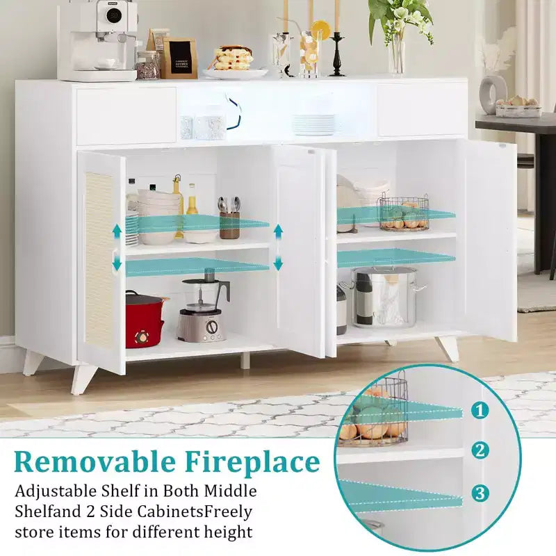 Sideboard Cabinet, Accent Storage Cabinet with 2 Drawers & Doors, Built-in Light & Power Outlet for Kitchen Dining Living Room