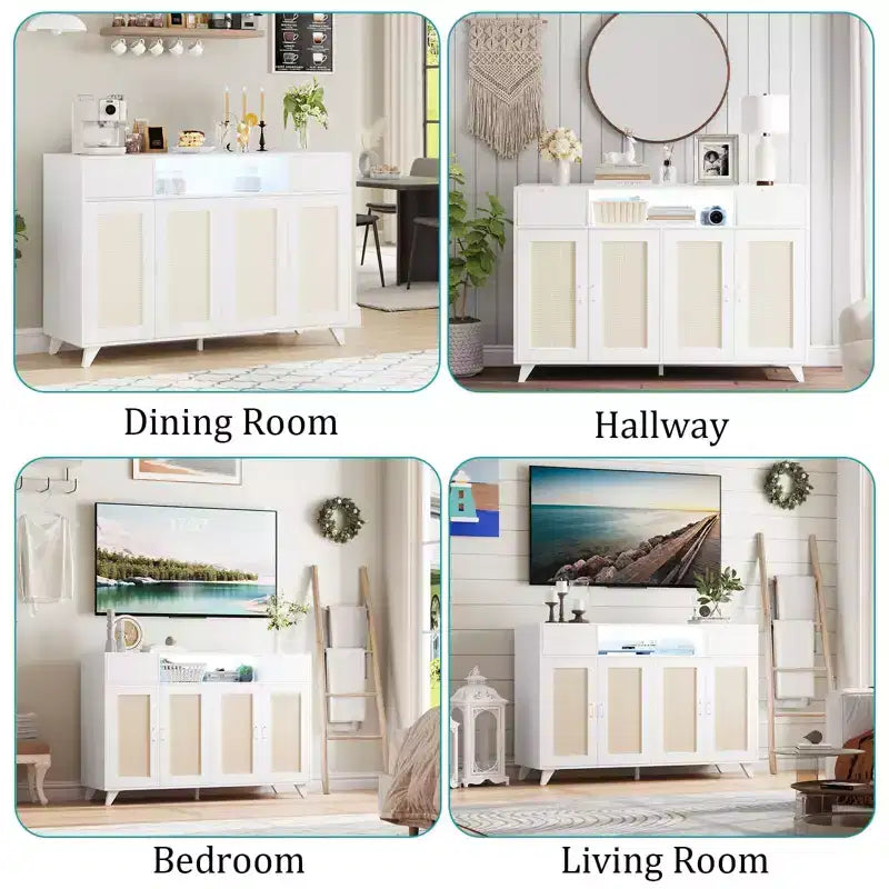 Sideboard Cabinet, Accent Storage Cabinet with 2 Drawers & Doors, Built-in Light & Power Outlet for Kitchen Dining Living Room