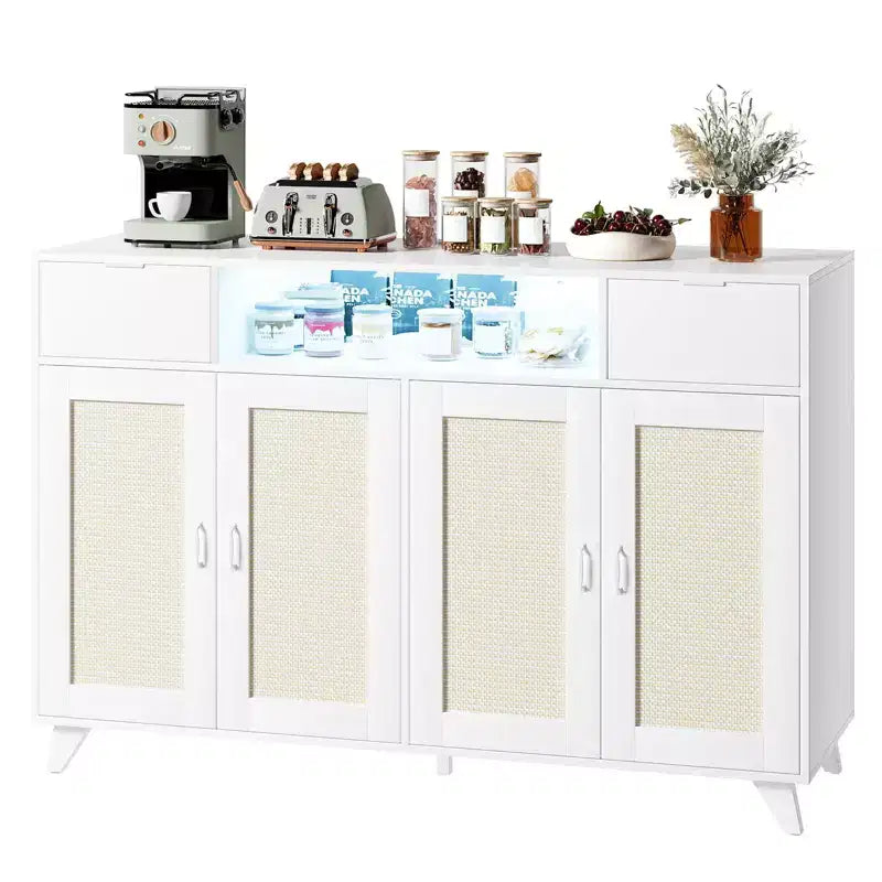 Sideboard Cabinet, Accent Storage Cabinet with 2 Drawers & Doors, Built-in Light & Power Outlet for Kitchen Dining Living Room