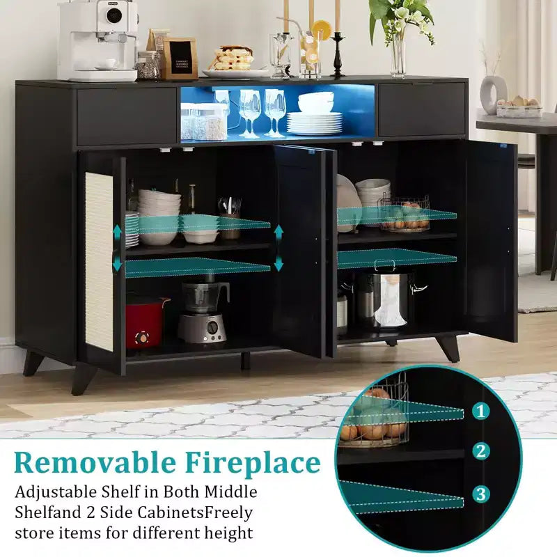 Sideboard Cabinet, Accent Storage Cabinet with 2 Drawers & Doors, Built-in Light & Power Outlet for Kitchen Dining Living Room