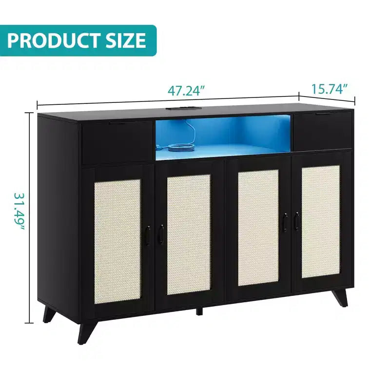 Sideboard Cabinet, Accent Storage Cabinet with 2 Drawers & Doors, Built-in Light & Power Outlet for Kitchen Dining Living Room