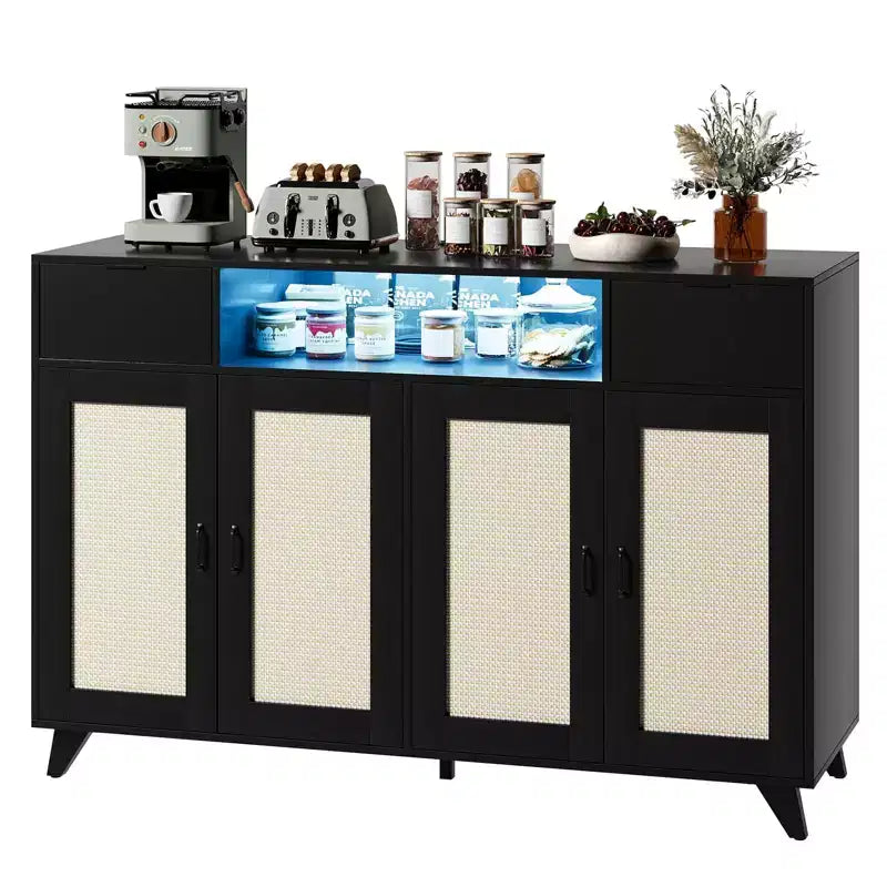 Sideboard Cabinet, Accent Storage Cabinet with 2 Drawers & Doors, Built-in Light & Power Outlet for Kitchen Dining Living Room