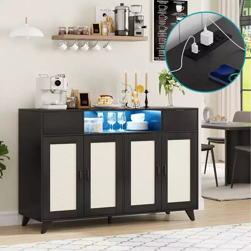 Sideboard Cabinet, Accent Storage Cabinet with 2 Drawers & Doors, Built-in Light & Power Outlet for Kitchen Dining Living Room