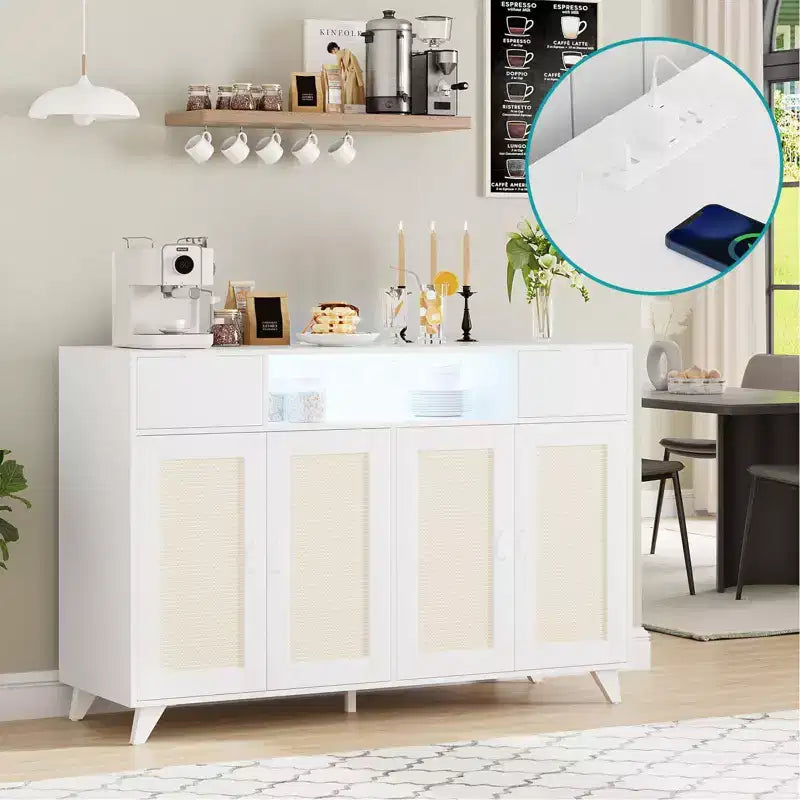 Sideboard Cabinet, Accent Storage Cabinet with 2 Drawers & Doors, Built-in Light & Power Outlet for Kitchen Dining Living Room