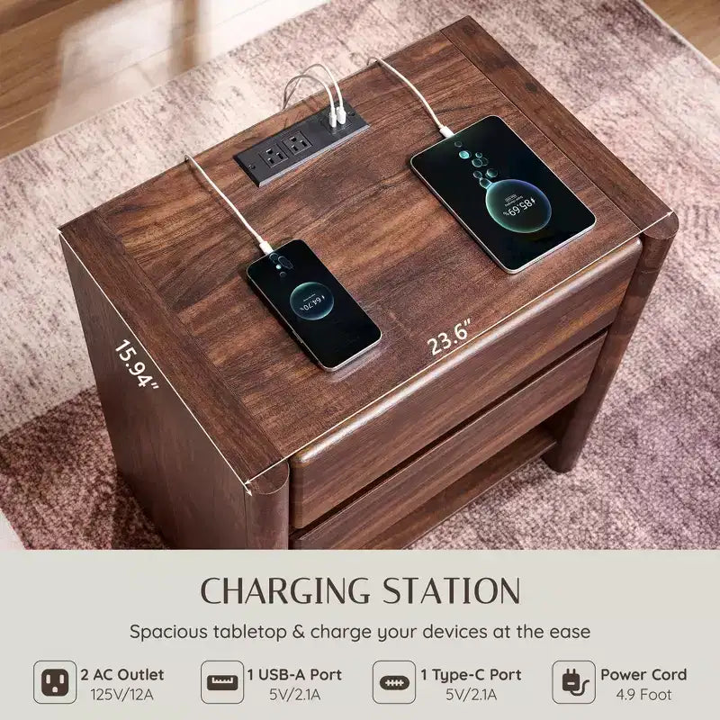 23.6 W Nightstand with 2 Storage Drawers, Modern Wood Night Stand w/Charging Station, Wooden Bedside End Table for Bedroom, Living Room
