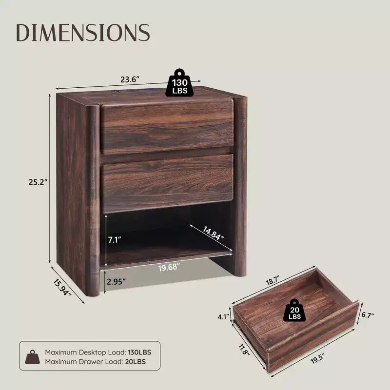 23.6 W Nightstand with 2 Storage Drawers, Modern Wood Night Stand w/Charging Station, Wooden Bedside End Table for Bedroom, Living Room