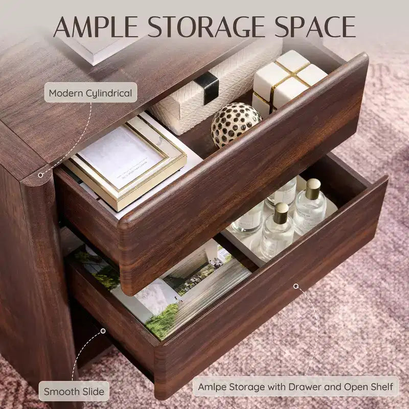 23.6 W Nightstand with 2 Storage Drawers, Modern Wood Night Stand w/Charging Station, Wooden Bedside End Table for Bedroom, Living Room